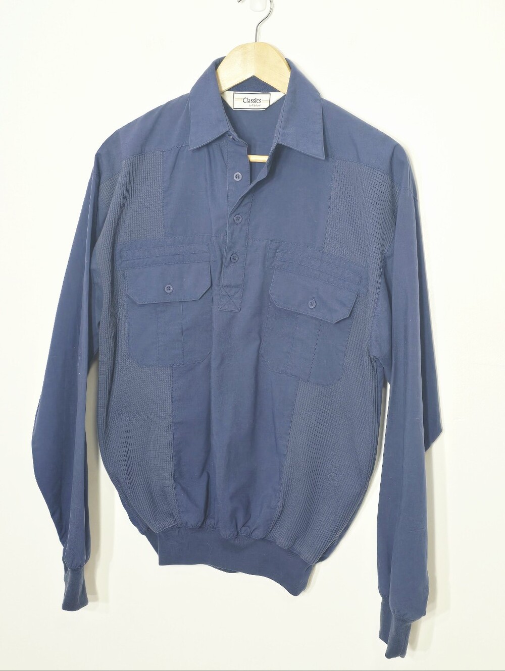 Palmland Vintage Navy Blue Cotton Blend Long Sleeve Pockets High Collar Retro S